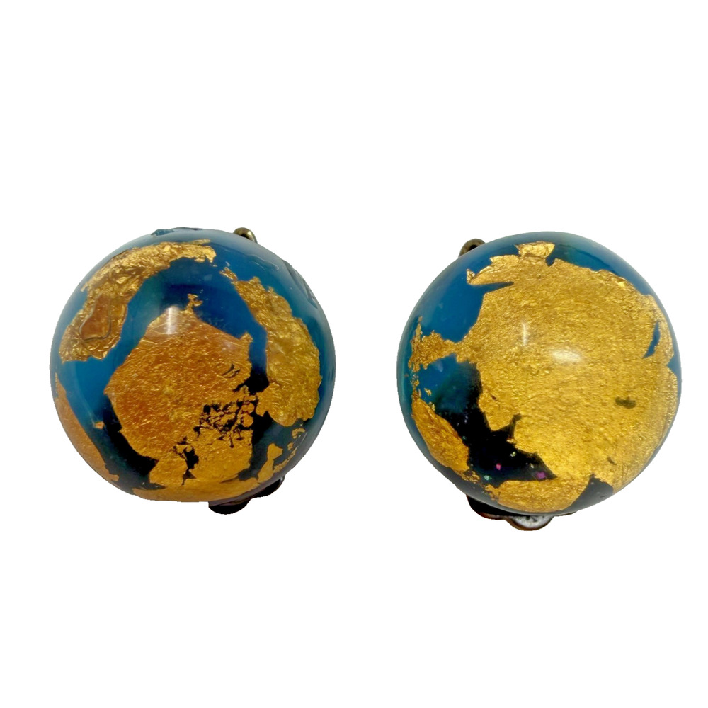 Vintage Lucite Gold Leaf Clip On Earrings Blue Dome Orb Mid Century Retro